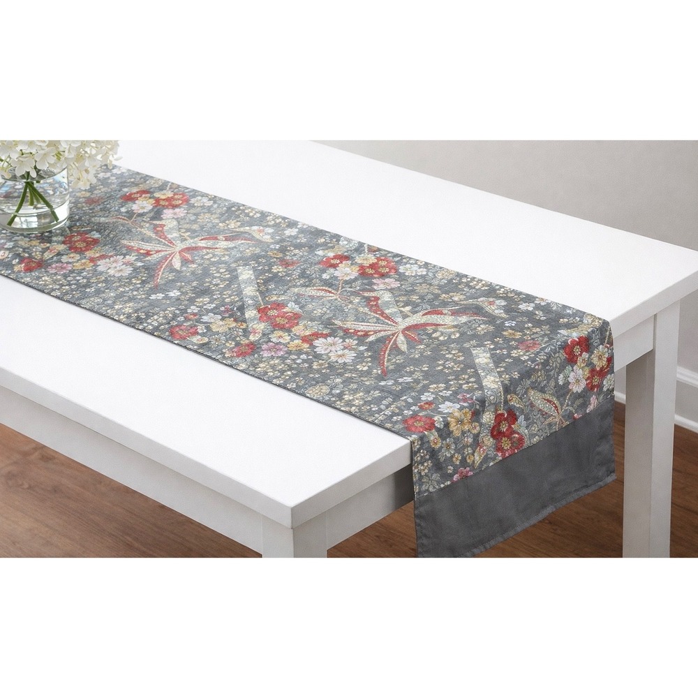 Gray Floral‎ Phoenix Bird Table Runner 58 in Asian Japanese Decor